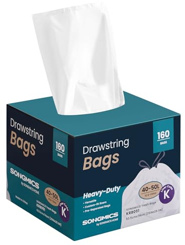 SONGMICS Sacchi Spazzatura, 50 L, Sacchetti per Immondizia Rifiuti con Manici a Cordoncino, 160 Pezzi, Codice K, Resistenti, Scatola per Estrazione Rapida, Bianco Crema KRB051A04