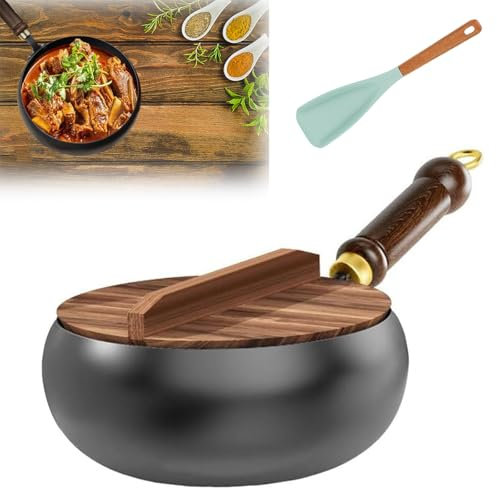 Keoepro Artisan - Cacerola de hierro fundido sin esmaltar, sartén de hierro sin revestimiento con tapa de madera, sartenes antiadherentes forjadas a mano, olla grande para cocinar a fuego lento (con