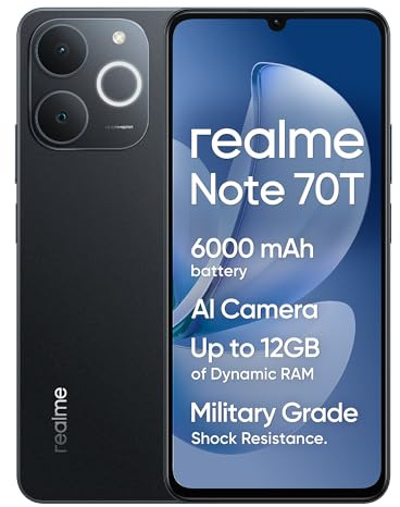 realme Note70T - Teléfono móvil Android desbloqueado de 4 + 64 GB Octa-Core, batería de 15 W PD 6000 mAh, Android 15 Dual SIM sin 4 GB de RAM, pantalla de 6.75 pies, características de IA y cámara AI