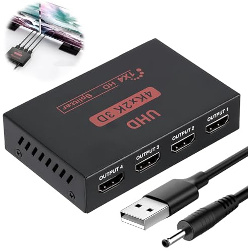 Splitter HDMI 1 Entrée 4 Out, Répartiteur HDMI 1 in 4 Out Moniteurs Sorties, Switch Multi Adaptateur Soutien 4K 30Hz, 1080P UHD, Compatible avec Xbox PC PS4 PS5 TV Projecteur, 3D HDTV Full HD