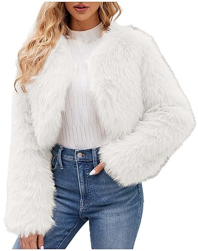 Pelzmantel Damen Modisches Einfarbig Felljacke Winter Kunstpelz Langarm Stehkragen Plüschjacke Kurz Fleecemantel Offene Front Pelzjacke Große Größen Plüschmantel Warmer Wintermantel Streetwear