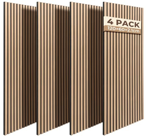 Paneles Acusticos Decorativos 120x60x2,1 cm, Ohuhu 4 Unidades Panel Decorativo pared en Imitación de Madera, Excelente Acústica, Paneles Decorativos para Pared, Fácil Instalación y Corte