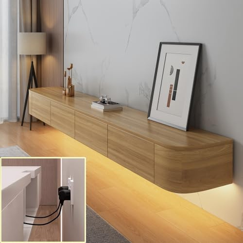 XDXINY TV-mediakonsol flytande TV-skåp väggmonterad TV-skåp flera stora förvaring TV-bänk under TV lågbräda med lådor routerfäste (träfärg + LED, 240 x 20 x 24 cm)