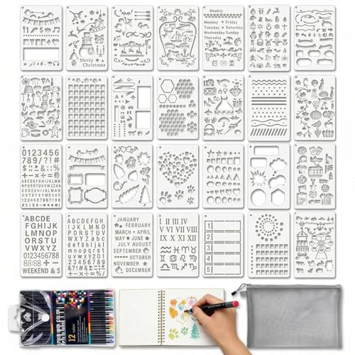 GMBANK 28 Journal Stencils with 12 Colors Fineliner Pens and Storage Bag | Plastic Reusable Planner Stencils,Painting Templates for Bullet Journals Notebooks Scrapbooking DIY Drawing and Daily Layouts