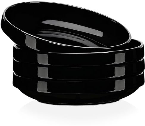 LOVECASA 1250ml Assiette Creuse en Porcelaine | Assiette à Soupe Noir | Ø20.7 x H4.5 cm | Écologique - Lavable au Lave-Vaisselle - Ultra Léger | 4 Pièces