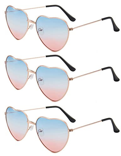 QincLing 3 Paare Hippie Gläser, Sonnenbrille Retro Vintage Brille Herz Sonnenbrille Rot Kostüm Brille Hippie Sonnenbrille Herz für Kinder Herren Damen Brille, Blau & Rot