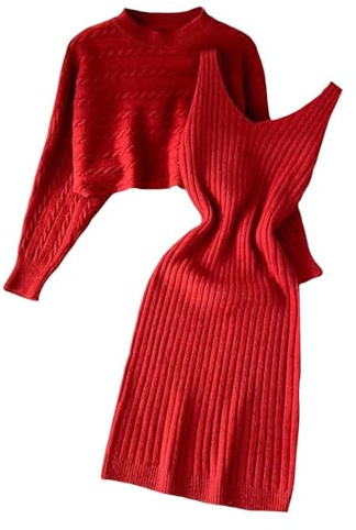 Set klänning och tröja – dam 2 delar stickad klänning Y2K ribbstickad aftonklänning långärmad elegant cocktailklänning vår vinter kläder festlig fest outfit kort stickad tröja lång tröjklänning, röd,