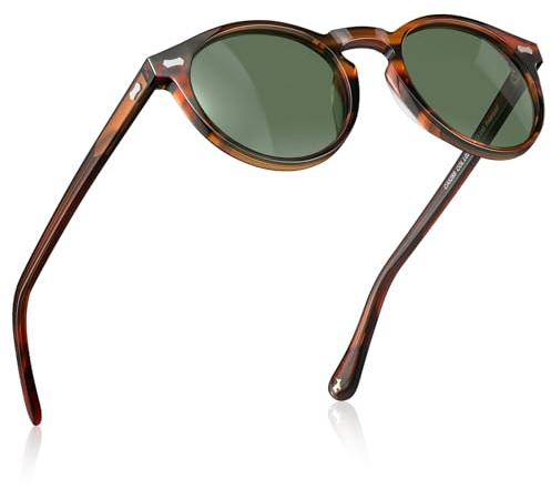 Carfia Gafas de sol polarizadas para hombre, montura redonda retro de acetato, gafas de moda UV400 para conducir y viajar