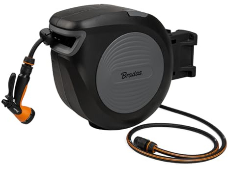 Black Line Automatisk slangtrumma 20 m BlackLine slangbox 1/2 tum anslutning med 8-strålpistol 3/4 tum väggmontering 180° svängbar