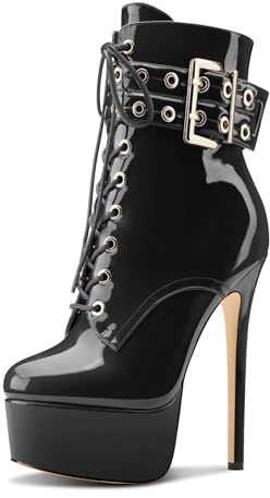 Aachcol Womens Stiletto High Heel Platform Ankle Boots Round Toe Lace-up Zipper Mid Calf Buckle Patent Leather Dress Booties Black 9.5 UK