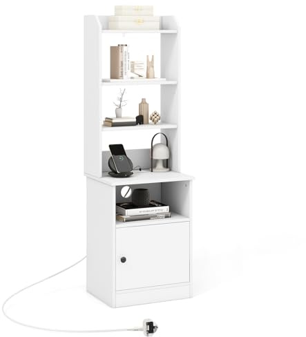 COSTWAY Bedside Table with Charging Station, 140cm Tall Nightstand Sofa Side Table with Storage Cabinet and Open/Adjustable Bookshelf, Wooden Accent End Tables for Living Room Bedroom (White)