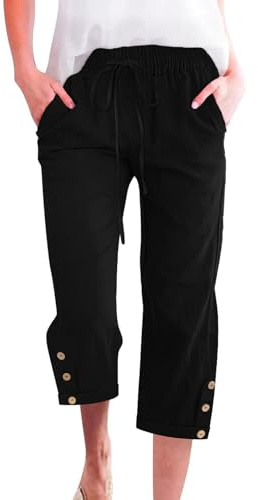 Voqeen Pantaloni Donna Estivi Leggeri Pantaloni Capri in Cotone con Elastico Vita Comodi 3/4 Pantaloni Larghi con Tasche Tinta Unita Casual