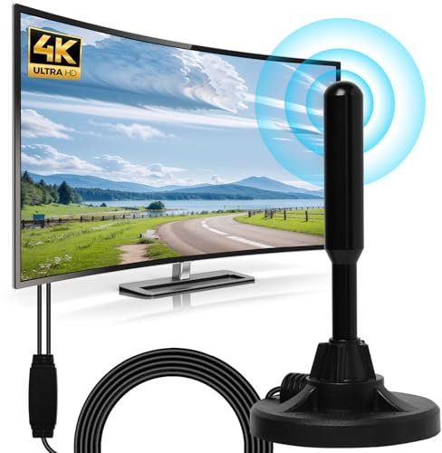 EuAcesry Antenne TV Intérieure Puissante, Amplificateur de Signal à Gain Élevé, HD Decodeur TV WiFi, 470 MHz Réception Longue Portée à 360° avec Base Magnétique Solide pour, Antennes