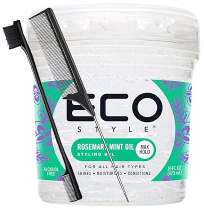 Eco Style Rosmarin-Minzöl-Styling-Gel, 473 ml, mit Schwanzkamm und Kantenbürste, stellt Feuchtigkeit wieder her, fördert eine gesunde Kopfhaut, unglaublicher Halt und Glanz, stimuliert die