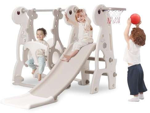 Kids Slide & Swing Set, Indoor Baby Slide Climber Freestanding Playset with Basketball Hoop & Height Adjustable Swing (Beige)