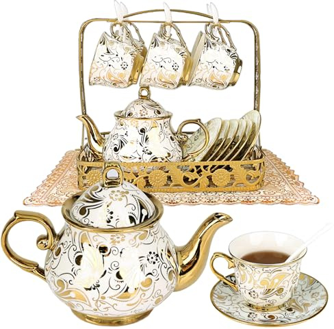 AstraLoom Tea Sets with Teapot - Afternoon Tea Set for Adults, 14Pcs European Ceramic Tea Service, 6 Cups & Saucers, Gold-Accented 1380ml Pot & 200ml Cups, Metal Holder (Gold Flower Pattern)