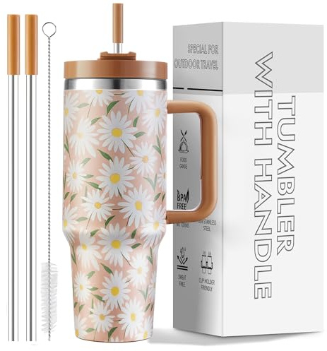 Bicchiere da 1180 ml con manico e cannuccia, isolamento sottovuoto, in acciaio inox, a doppia parete, da viaggio, tazza da caffè, regalo per le vacanze per donne e uomini, motivo: margherite