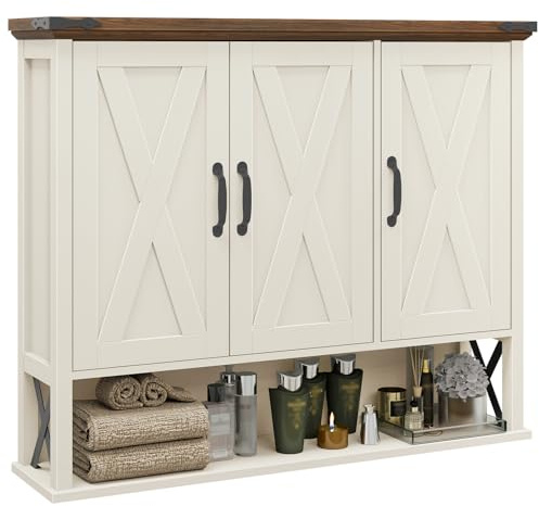 Halitaa Bathroom Wall Cabinet, Farmhouse Medicine Cabinet with Adjustable Wood Shelf & 3 Doors, Over The Toilet Storage Cabinet for Wall Mounted for Bathroom Laundry Room Kitchen, White and Brown