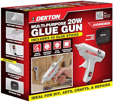 Dekton 20W Corded Glue Gun Kit, Includes 50 Glue Sticks, Fast Heating, Compact Design, User-Friendly Trigger, Perfect for DIY, Crafts & Repairs