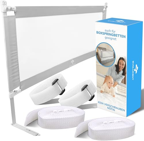EVOLUCENT Griglia per letto da 140 cm, stabile senza viti, protezione dalle cadute per letto a molle, culla e letto dei genitori, griglia di protezione per letto con e cinghie a clic, rete lavabile [1
