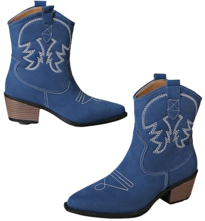 ENEN Santiag Femme Hiver Bottes Daim Bottes Cowboy Femme Gros Mollet Country Mode Ankle Hiver de Trekking Plein Air Décontractée De La Mode Western Chaussures Broderie, 35-42 (Bleu,40)