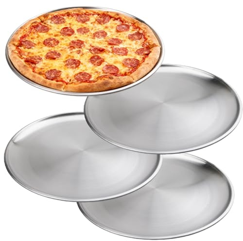 GOEDCH Set di 4 stampi per pizza rotondi in acciaio inox, 26 cm, per forno, sani e durevoli, in acciaio inox, facili da pulire e lavabili in lavastoviglie (metallo argento)