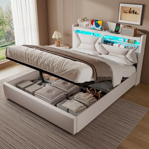 ZUUYEE Cama 140x200 con Almacenamiento, Camas Matrimoniales con LED, Puertos USB y Type-C, Somier 140x200 Hidráulico, Cama Matrimonio Camas Juveniles con Cabecero, Lino, Beige, Colchón No Incluido