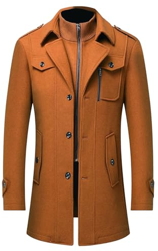 Stående krage för män ullblandning klassisk ärtrock M-5XL enkelknäppt dragkedja trenchcoat vinter slim fit business ytterrock, Camel, L