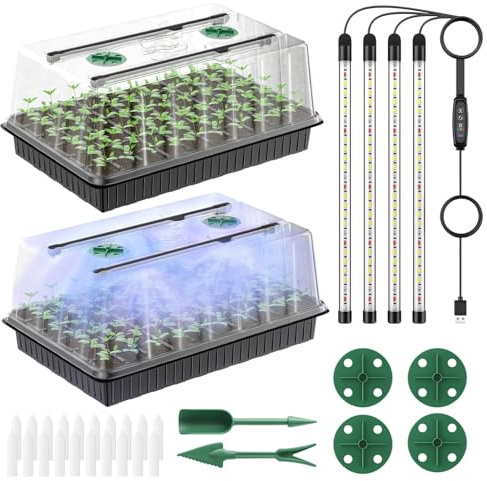 Pawfly Kit di Germinazione 2 Pezzi, 120 Celle, Vaschette Semi con Luci Coltivazione Regolabili & Cupole Umidità 12 cm, Semenzai Interni Riutilizzabili per Piante