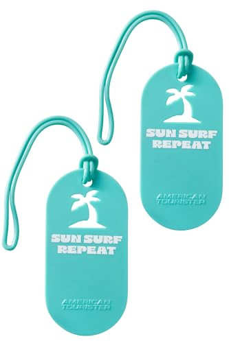 American Tourister Etiquetas equipaje - Para maletas y bolsas, con impresión y tarjeta de dirección, Set de 2 piezas - Sun Surf Repeat