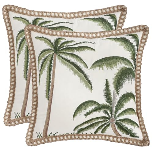 Tosleo Lote de 2 fundas de cojín de verano 45 x 45 cm - Bordado verde, palmeras tropicales - Con bordes cerrados, para sofá, dormitorio, granja, sala de estar - Decoración