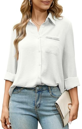 Odosalii Women's Button Down Shirts V Neck Long Sleeve Tops Smart Blouse | Be Made of Polyester/Easy Iron/Wrinkle Free/Cheesecloth/Flowy Drapy Relaxed/Versatile/Businesswomen/Teacher/Commuter