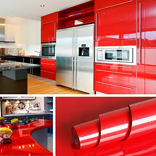 Livelynine 40CMx10M Gloss Red Wallpaper for Bedroom Self Adhesive Vinyl Stickers Sticky Back Plastic Decorative Contact Paper for Kitchen Counter Removable Waterproof Kitchen Cupboard Stickers