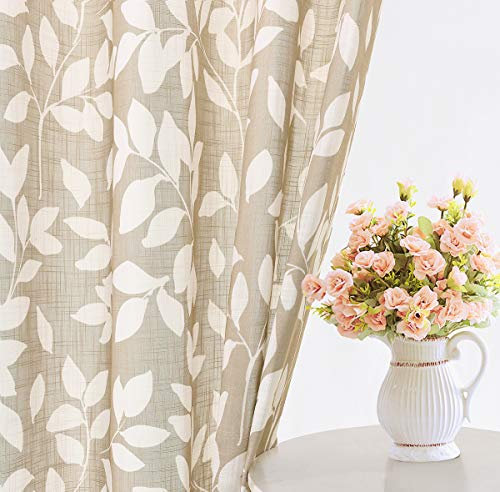 Treatmentex Leaf Semi Sheer Curtains for Living Room 84 Length with White Leaves Print Curtains for Bedroom Windows 52 w, 2 Panels Taupe, Grommet Top