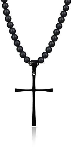 COAI Geschenkideen Herren Biker Halskette aus Mattem Onyx mit Kreuz Anhänger
