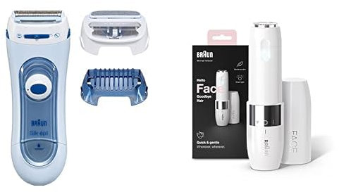 Braun Silk-épil Lady Shaver, Damenrasierer elektrisch, 3-In-1 Elektrischer Rasierer, Trimmer- und Peeling-System, Wet&Dry, 5160, blau & Face Mini-Haarentferner, für Damen, FS1000, weiß