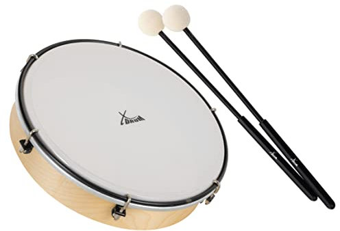 XDrum HTM-12K 12 Handtrommel mit Schlägel Set - Rahmentrommel mit Fell aus Polyester - Stimmbar mit 6 Spannhaken - Holzrahmen aus Ahorn - Ergonomischer Griff - Natur