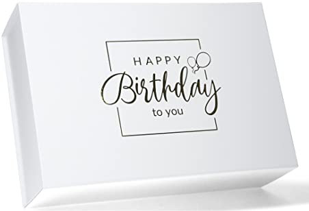 ideas in boxes Premium Geschenkbox Geburtstag, Geschenkkarton, Magnetbox, Magnetfaltbox, Geschenkverpackung für Geburtstag mit Schriftzug, 33x22x10cm, Weiß mit Gold