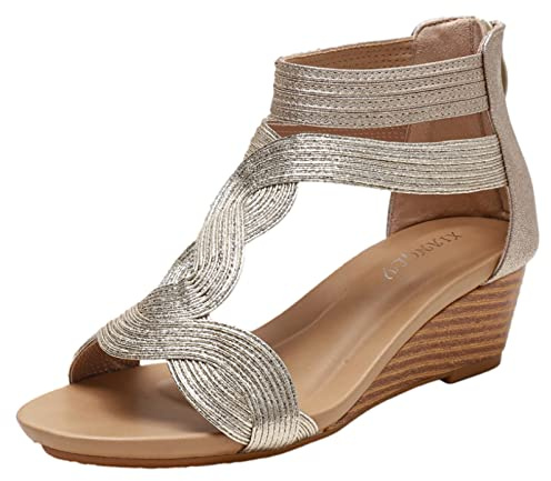 rismart Sandalia Cuña de Verano para Mujer Peep Toe Barra en T Cremallera Trasera Zapatos Romanos de Moda Oro, 36 EU