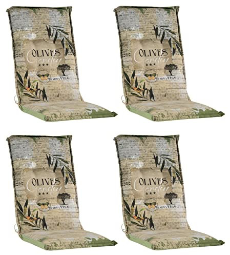 Gartenstuhlauflagen Hochlehner 4er Set - 120 x 50 cm - Olivenmotiv - Baumwolle - Sesselauflage Sitzpolster Stuhlauflage