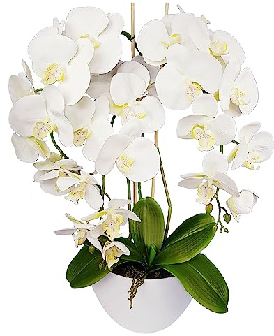 Damich Orquídea Artificial en Maceta Planta Decoración de Flores Artificiales Orquídea Artificial de 3 Ramas Florecientes Altura Unos 60 cm (Blanco)