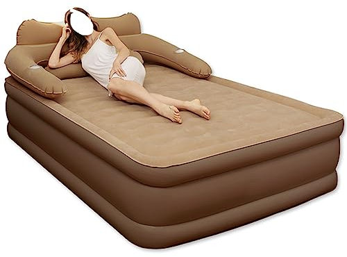 CASEGO Aufblasbares Doppelbett für den Außenbereich, mit Rückenlehne und Becherloch, hautfreundlicher Stoff, für drinnen und draußen, universelles aufblasbares Kissen (braun)
