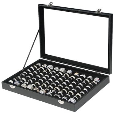 Coward Ring Organizer Jewelry Box, Black Velvet 100 Slots Ring Display Tray Case with Transparent Glass Lid for Home Use or Store Selling Show