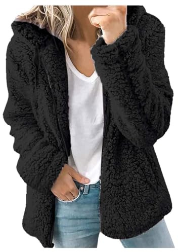 Archedeer fleecejacka dam med huva vinter varm supermjuk och bekväm flanell huvtröja teddyjacka sweatshirt dragkedja långärmade toppar topp kvinnor kappa huvjacka, svart, L