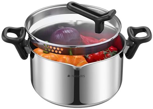 Navaris Pentola per Pasta in Acciaio Inox - Pentolone Induzione Grande - per Diversi Piani di Cottura - per Bollire Pomodori Spaghetti e Brodo - Lavabile in Lavastoviglie - 5,3 L