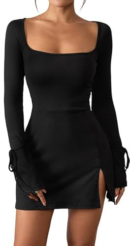 Haibang Vestidos de Fiesta Mujer Elegantes Manga Larga Vestido Corto con Cuello Cuadrado Sexy Mini Vestido Ajustado Bodycon Vestido con Abertura Lateral para Fiesta Cóctel Noche Club Casuales