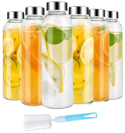 Wouueso Bottiglie di succo in vetro con coperchio per spremiagrumi, 18 Oz, riutilizzabili in vetro trasparente con chiusura ermetica per frigorifero