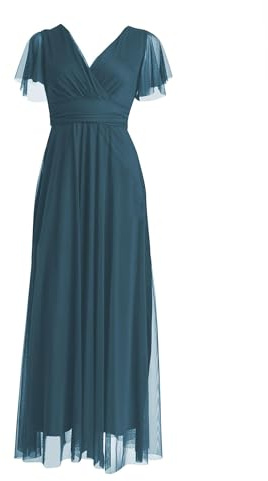 VALORIALUXE Abito Lungo Elegante Donna con Maniche Volant e Scollo a V – Vestito da Cerimonia Made in Italy (IT, Testo, Taglia Unica, Regular, Regular, Petrolio Blu)