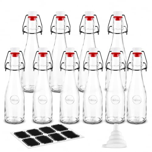 LDHHYH 10 Pack Glass Bottles with Stoppers,150ml Swing Top Glass Bottles with Stoppers, Clear Airtight Clip Top Bottles with Funnel and Labels for Homemade Sauce, Oil, Vinegar and Wedding Favours