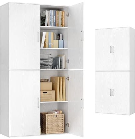 VASAGLE Mehrzweckschrank, mit 4 Türen, 5 Ablagen, Büroschrank, Aufbewahrungsschrank, Kleiderschrank, mit Griffen, Holzspanplatte, 80 x 40 x 180 cm, schneeweiß OFC083WE01